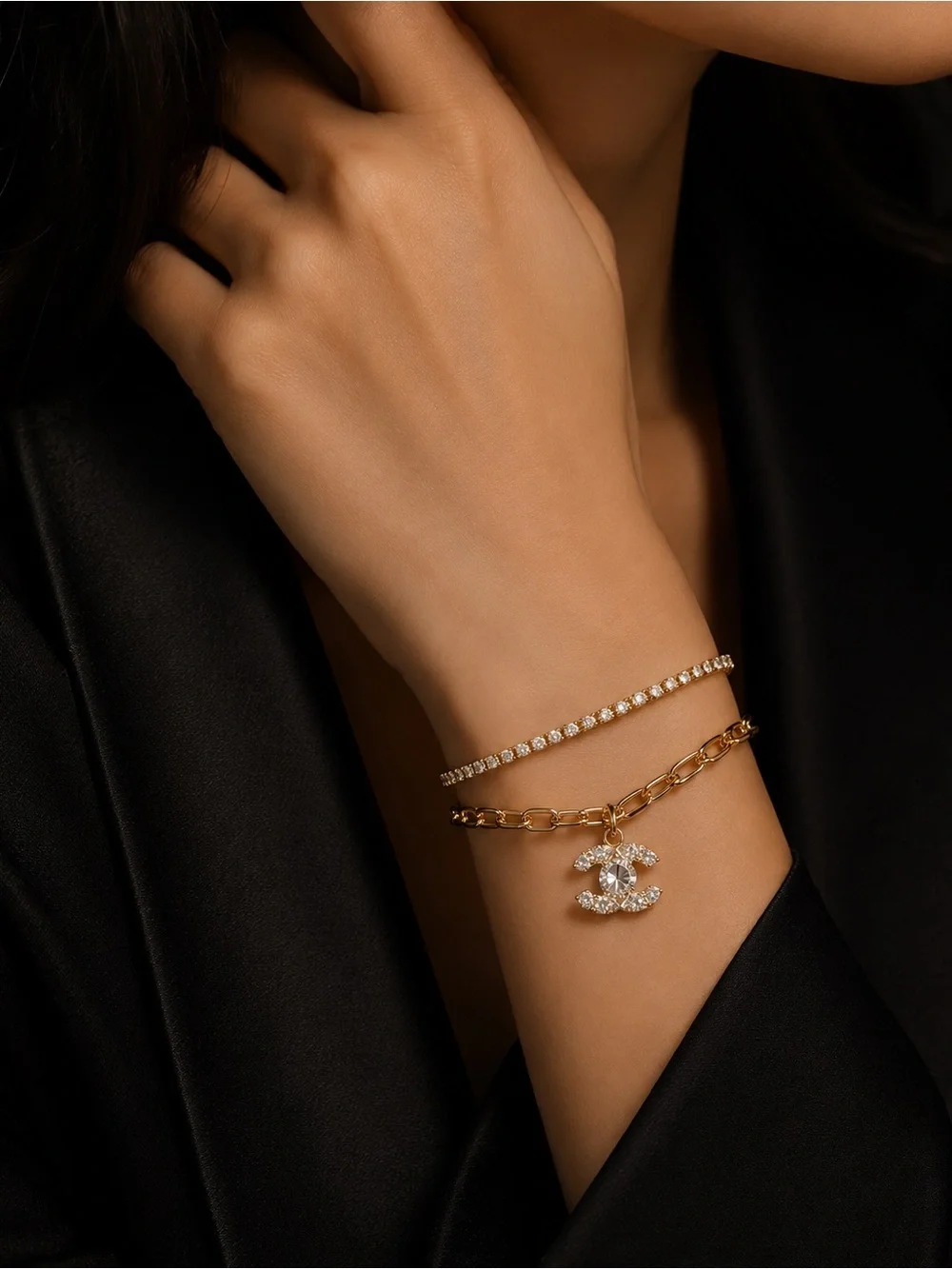 Gold and Crystal Double C Bracelet Set